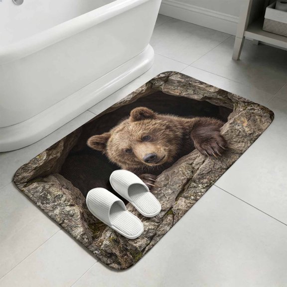 Brown Bear Bathroom Rugs Non Slip Washable Bath Mat Absorbent Front Door Mat 3D Optical Illusion Wild Animals on Stones Indoor Doormat for Kitchen Entryway Shower Decor Accessories 15.7"x23.6"
