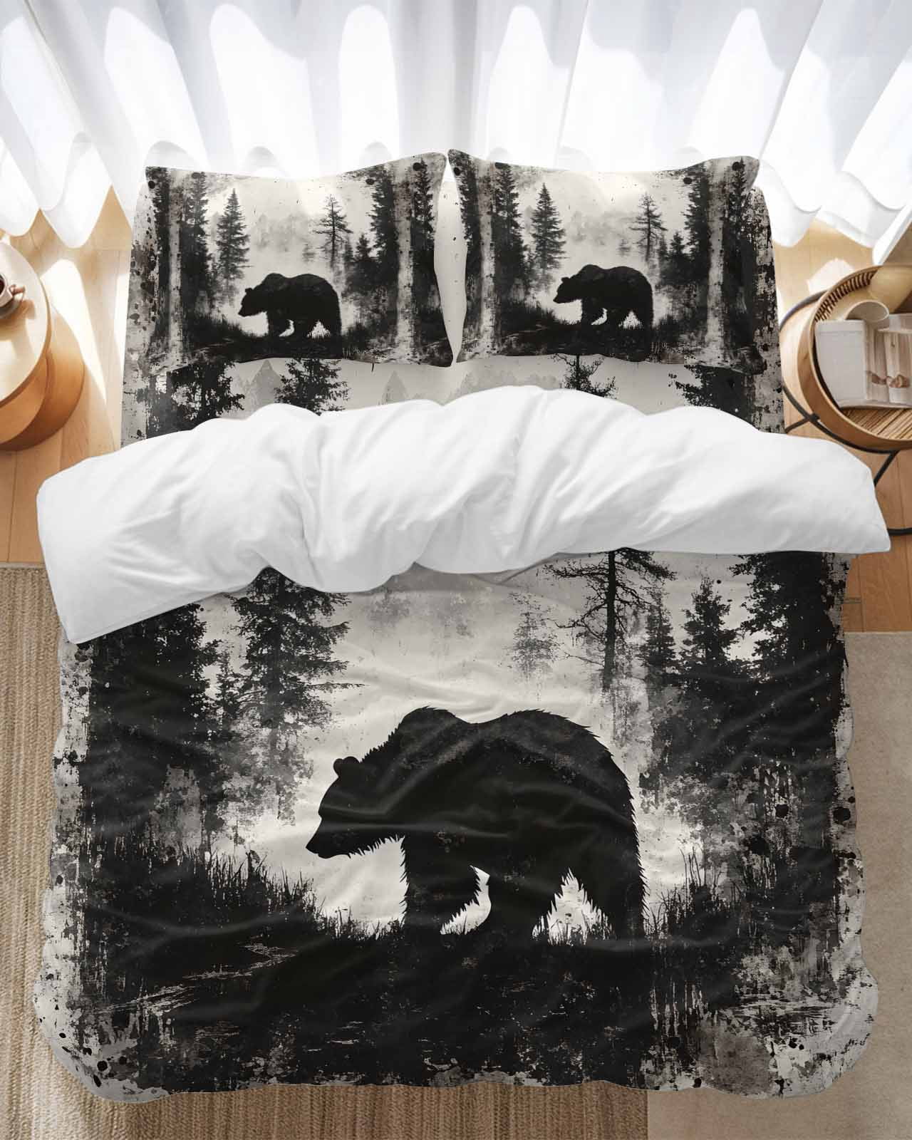 Brown Bear Bedding Duvet Cover Set Queen Size 4 Pieces Black Bear Forest Animal Modern Art Retro Bedding Set with Zipper Closure, 1 Comforter Cover 90x92 Inches 1 Flat Sheet & 2 Pillow Cases