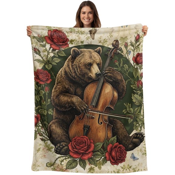Brown Bear Blanket Soft Cozy Warm Throw Blanket for Couch, Plush Fuzzy Flannel Blankets for Sofa, Vintage Rose Flower Abstract Animals Cellos Print Bed Blankets Lightweight Gifts for Women, 30"x40"