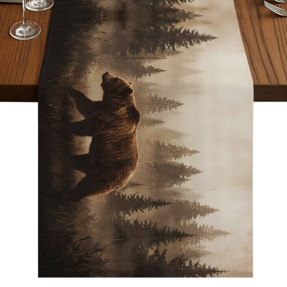 Brown Bear Burlap Cotton Table Runner 13x36 Inches Short, Forest Pine Tree Rustic Wild Animal Vintage Farmhouse Table Runners, Outdoor Dining Table Decor for Baby Shower/Party/Wedding