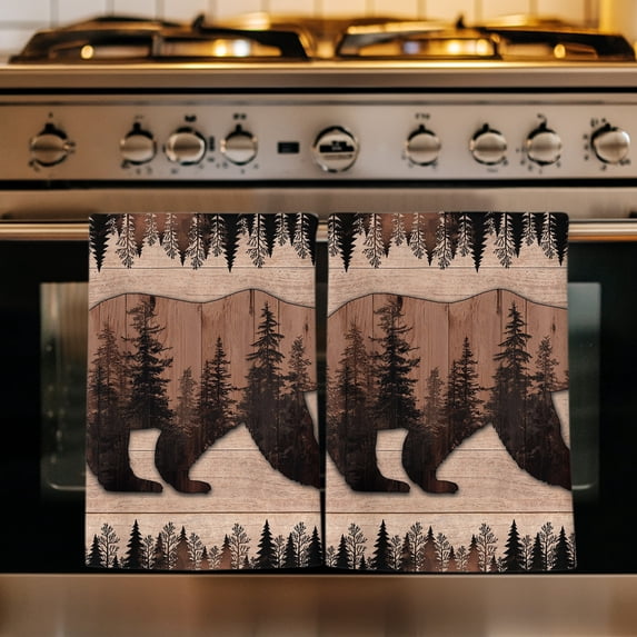 Brown Bear Cabin Kitchen Towels Set of 3, Vintage Pine Tree Brown Wooden Absorbent Dish Towels for Kitchen, Microfiber Hand Towel, Quick Drying Tea Towel for Cleaning Decorative Dishcloths