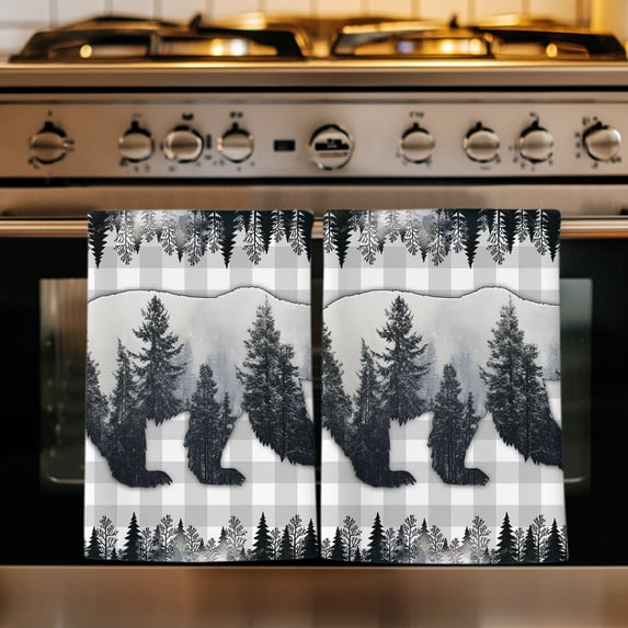 Brown Bear Cabin Kitchen Towels Set of 3, Vintage Pine Tree Grey Buffalo Plaid Absorbent Dish Towels for Kitchen, Microfiber Hand Towel, Quick Drying Tea Towel for Cleaning Decorative Dishcloths