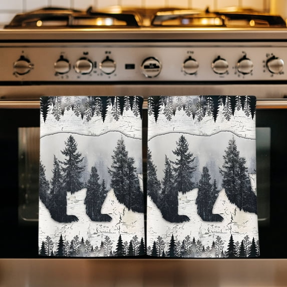 Brown Bear Cabin Kitchen Towels Set of 4, Vintage Pine Tree Grey Farmhouse Absorbent Dish Towels for Kitchen, Microfiber Hand Towel, Quick Drying Tea Towel for Cleaning Decorative Dishcloths