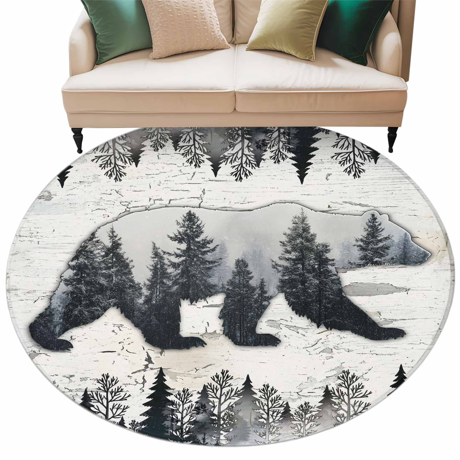 Brown Bear Cabin Round Rug 8ft Washable Circle Rugs Non Slip Vintage ...