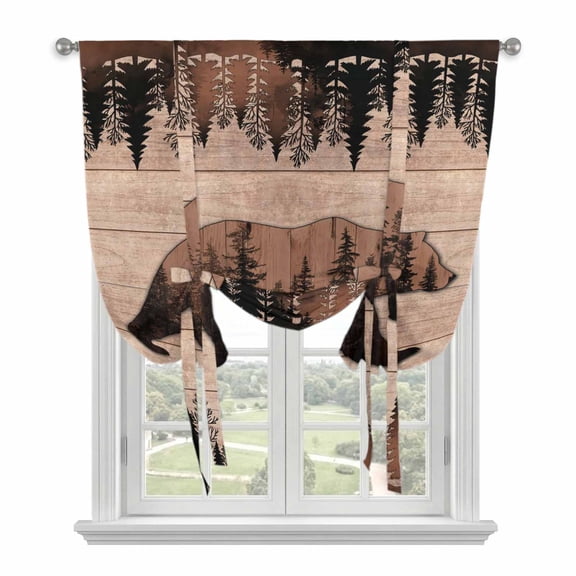 Brown Bear Cabin Tie Up Curtains for Window, Thermal Insulated Balloon Shade Adjustable Rod Pocket Curtains Valance Panels for Kitchen Bathroom Cafe 52 x 63 Vintage Pine Tree Brown Wooden