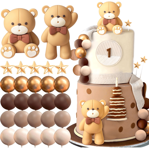 Brown Bear Cake Topper Set - Adorable Interactive Design for Birthday & Themed Party Decorations