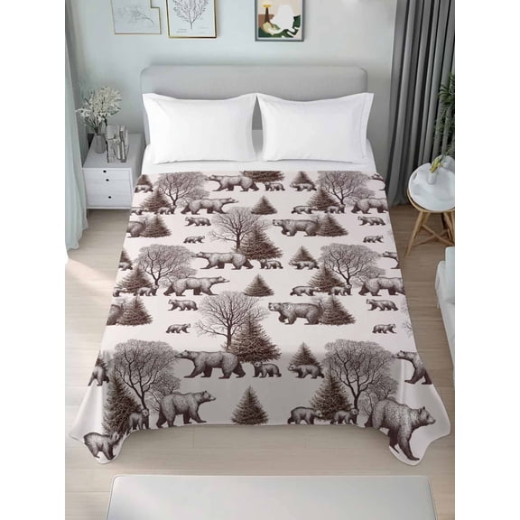 Brown Bear California King Size Flat Sheet, Wrinkleproof & Fadeproof Cooling Flat Bed Sheet Only, Hunting Bear Forest Wildlife Animals Vintage Breathable Soft Bedding Top Sheets 108 x 98 Inches