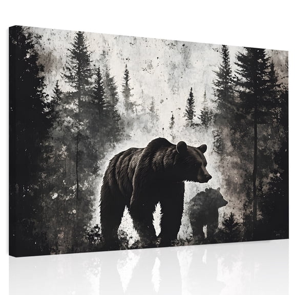 Brown Bear Canvas Print Wall Art, Black Bear Forest Animal Modern Art Vintage Wall Decor Modern Artwork Paintings Pictures for Living Room Framed and Stretched Ready to Hang, 24" x 32"