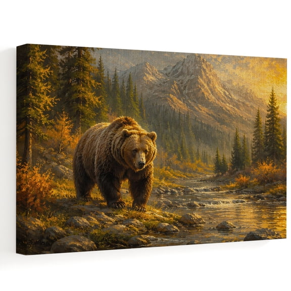 Brown Bear Canvas Wall Art, Fall Mountain Wilderness River Pine Forest Rustic Wall Art Prints Artwork Framed Canvas Ready to Hang Art Pictures for Bathroom Nightstand, Narrow Hallway 14" x 11"