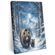 Brown Bear Canvas Wall Art for Living Room, Winter Wildlife Moon Snow Pines Mountain Peaks Poster Print Painting for Desk Vanity Narrow Stair Wall Decoration Wall Pictures Prepare To Hang 8"x10"