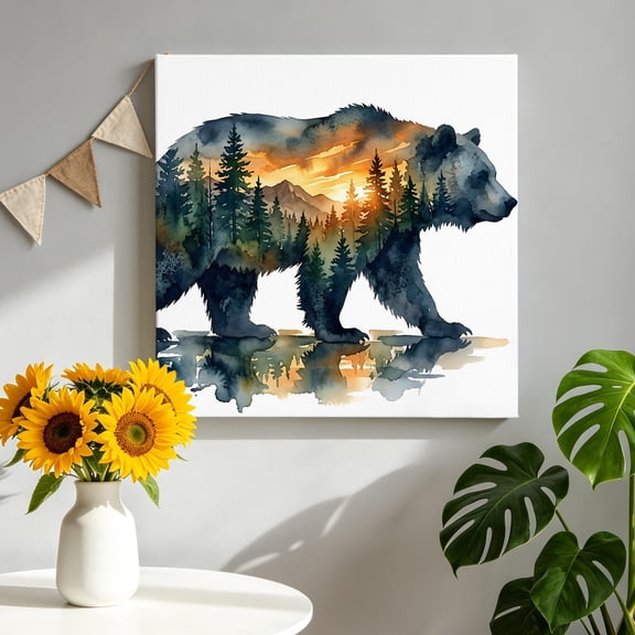 Brown Bear Canvas Wall Art, Vintage Misty Green Trees Brown Bear Sunset Pictures Wall Decor Wooden Framed Artwork Art Prints for Living Room Hallway Bedroom Office 8"x8"