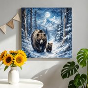 Brown Bear Canvas Wall Art, Winter Wildlife Moon Snow Pines Mountain Peaks Pictures Wall Decor Wooden Framed Artwork Art Prints for Living Room Hallway Bedroom Office 8"x8"