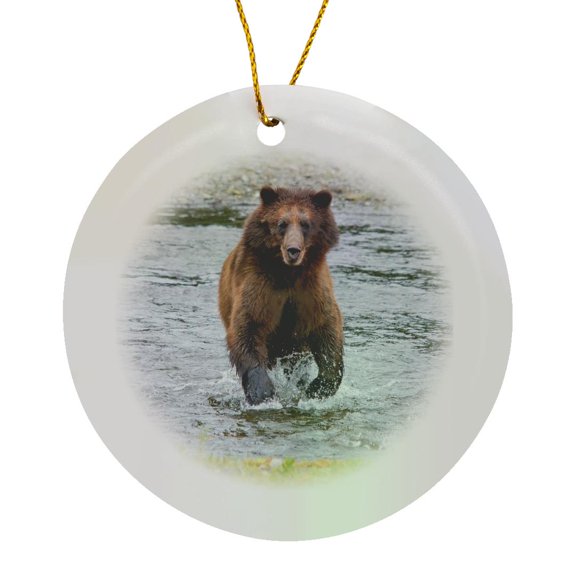 3drose, Brown Bear Chases After a Salmon Dinner at Pack Creek., Circle Porcelain Ornament
