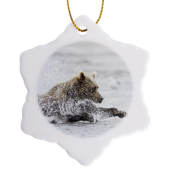 3drose, Brown Bear Chasing Salmon, Silver Salmon Creek, Alaska., 3 inch Snowflake Porcelain Ornament