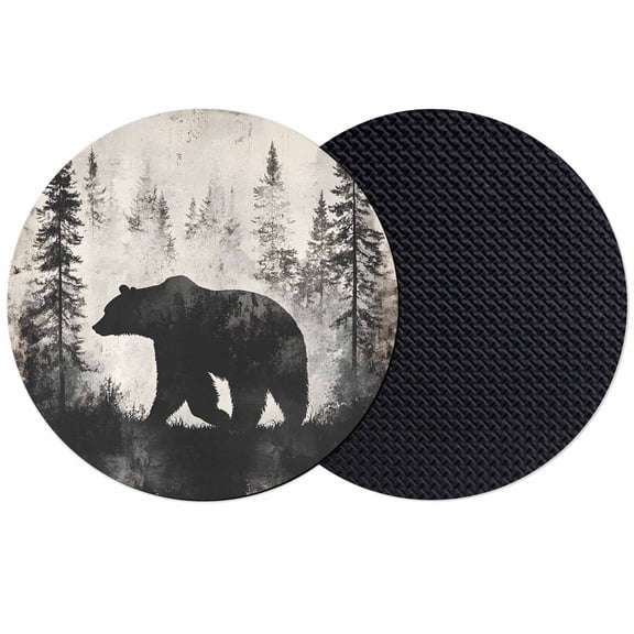 Brown Bear Coasters Set of 2, Retro Forest Nature Tree Silhouette Mountain Absorbent Coasters for Drinks, Coaster for Bar Office Dining Coffee Table Accessories Decor, Non Slip Round Desk Coaster
