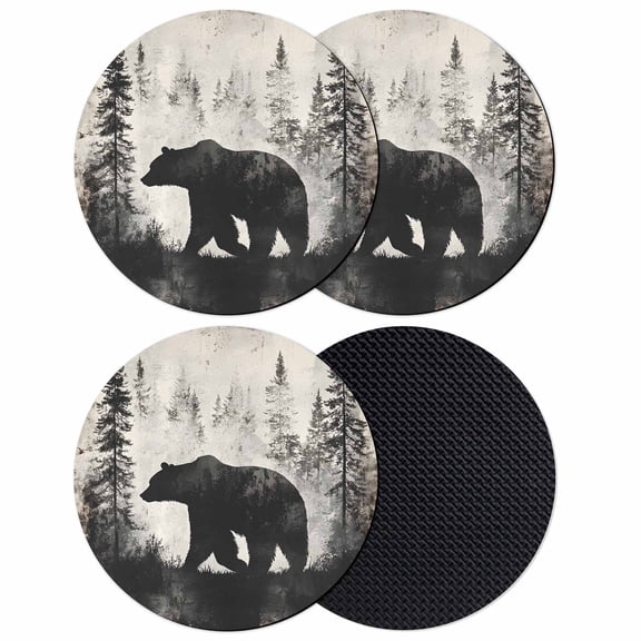 Brown Bear Coasters Set of 4, Retro Forest Nature Tree Silhouette Mountain Absorbent Coasters for Drinks, Coaster for Bar Office Dining Coffee Table Accessories Decor, Non Slip Round Desk Coaster