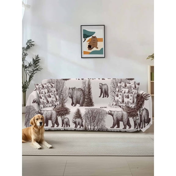 Brown Bear Couch Cover, Hunting Bear Forest Wildlife Animals Vintage Oversized Sofa Cover Blanket for 3 Cushion Couch, Sectional Sofa Slipcover Furniture Protector for Living Room Bedroom 71''x150''