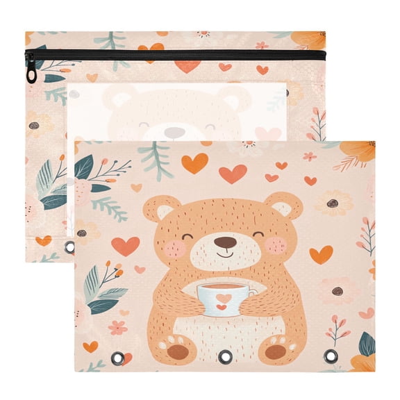 Brown Bear Cup A4 Pencil Pouch 3 Ring Zipper Pencil Pouches Pencil Case for Binder Cosmetic Bag 2 Pack