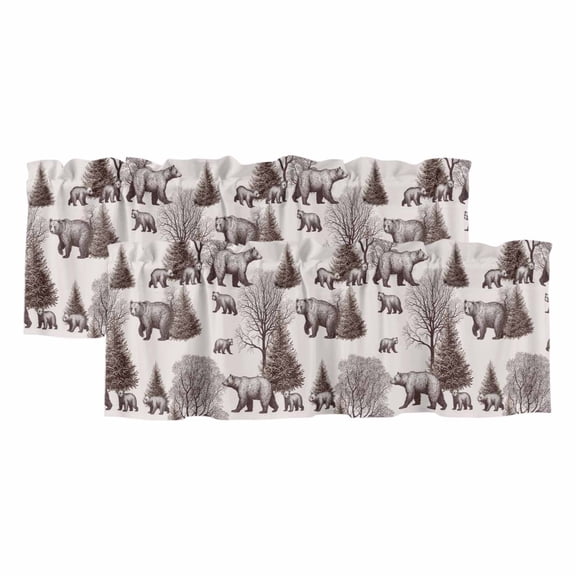 Brown Bear Curtain Valances for Windows, Kitchen Valance Window Treatments Panel 2 Pack, Hunting Bear Forest Wildlife Animals Vintage Rod Pocket Short Curtains for Bathroom Bedroom 60 x 18 Inch