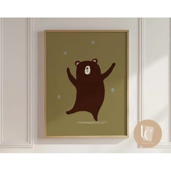 Brown Bear Dancing Art, Nursery Print Whimsical Wall Art, Cute Bear Animal Play, Kids Room Animal Decor, Modern Minimalist Illustration Poster, Poster Only