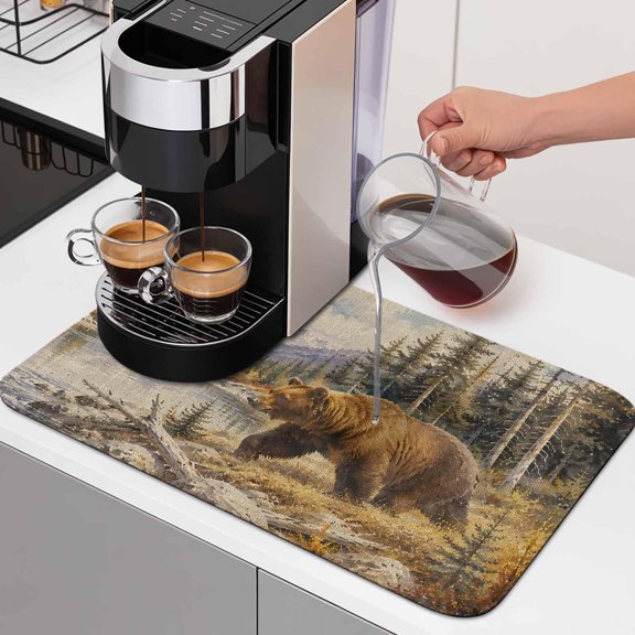 Brown Bear Dish Drying Mats for Kitchen Counter, Rustic Lake Green Shore Grass Pine Tree Wilderness Absorbent Coffee Bar Mat with Non-slip Rubber Backed Quick Drying Dish Rack Pad 12"x16"
