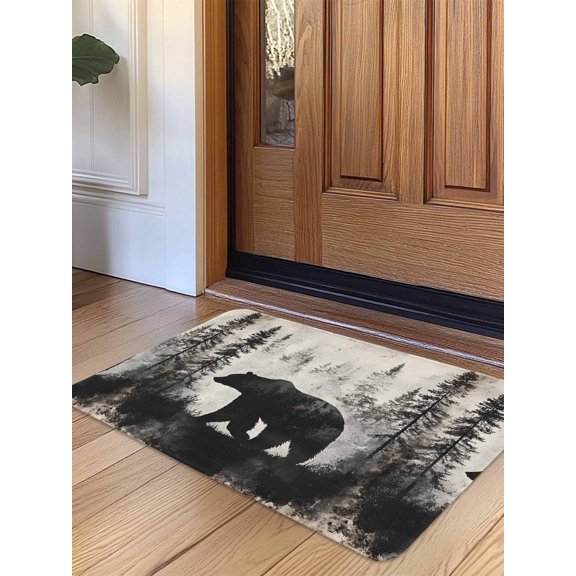 Brown Bear Door Mat&nbsp;Indoor Outdoor Entrance, Non Slip Rug for Kitchen Bathroom Entryway Rug, Retro Forest Nature Tree Silhouette Mountain Washable Doormat Floor Mat 24x36 Inch