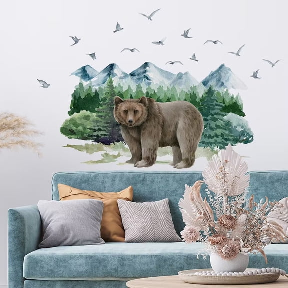 Brown Bear Dream Forest Wall Stickers,Wild Jungle Animal Wall Decals Removable DIY Peel and Stick Art Decals Living Room Bedroom Nursery Sofa TV Background Art Decorations