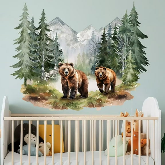 Brown Bear Dream Forest Wall Stickers, Wild Jungle Animal Wall Decals Removable Vinyl Peel and Stick for Living Room Bedroom Nursery Sofa TV Background Art Decorations