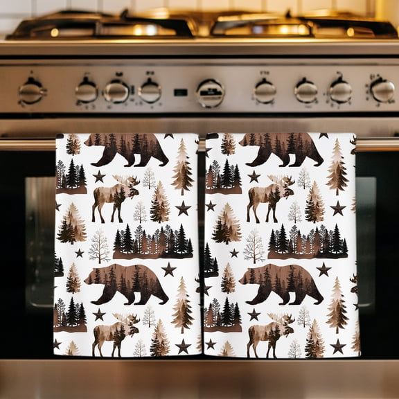 Brown Bear Elk Cabin Kitchen Towels Set of 1, Farmhousee Pine Tree Forest Absorbent Dish Towels for Kitchen, Microfiber Hand Towel, Quick Drying Tea Towel for Cleaning Decorative Dishcloths