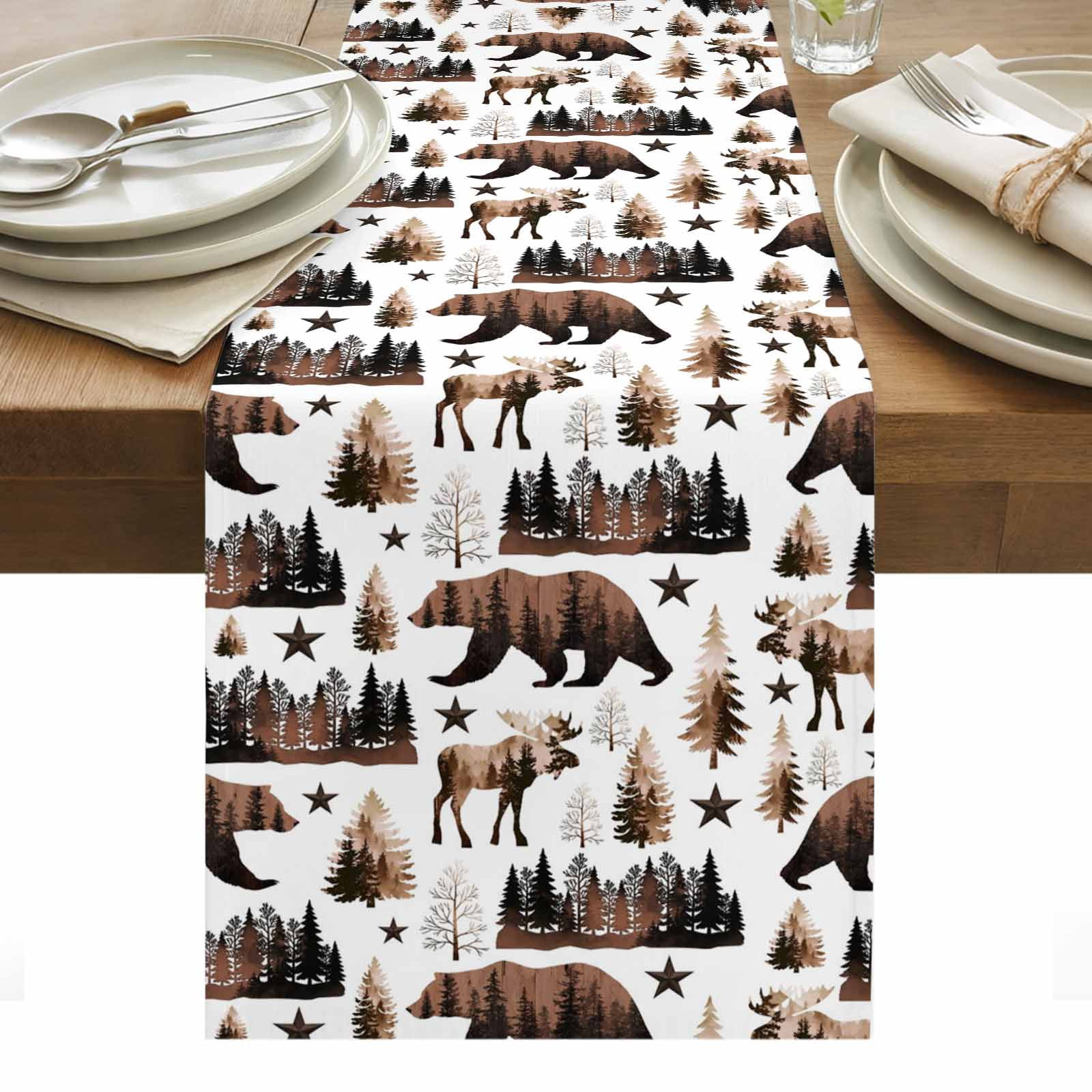 Brown Bear Elk Cabin Table Runner Farmhousee Pine Tree Forest ...