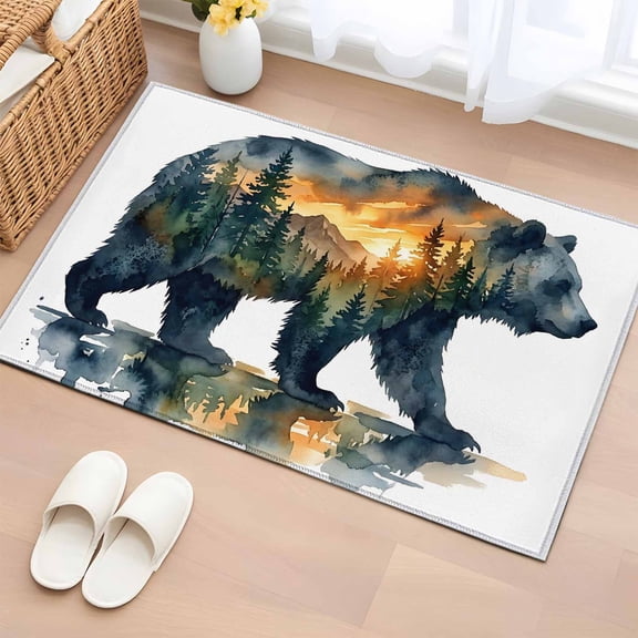 Brown Bear Entryway Rug 2'x3' Vintage Misty Green Trees Brown Bear Sunset Small Area Rug Non-Slip Front Door Mat Washable Floor Carpet for Indoor Entrance Kitchen Bathroom