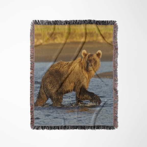 Brown Bear Fishing For Salmon, Silver Salmon Creek, Alaska, Woven Blanket