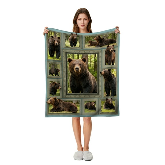 Brown Bear Flannel Fleece Blanket, Soft Plush Throw with Forest Wildlife Photo Collage, Lightweight Warmth for Couch Bed & Cabin, Gift for Nature Lovers - 50"x40"