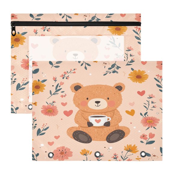 Brown Bear Flowers A4 Pencil Pouch 3 Ring Zipper Pencil Pouches Pencil Case for Binder Cosmetic Bag 2 Pack