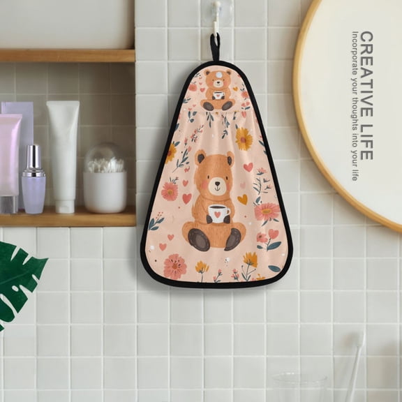 Brown Bear Flowers Hanging Kitchen Towel Machine Washable Hand Towel Bathroom Absorbent Towel Quick Dry Dishcloth