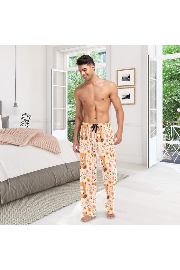 Brown Bear Flowers Mens Pajama Pants Cotton Elastic Waistband Lounge Sleep Pajama Bottoms Pj with Pocket