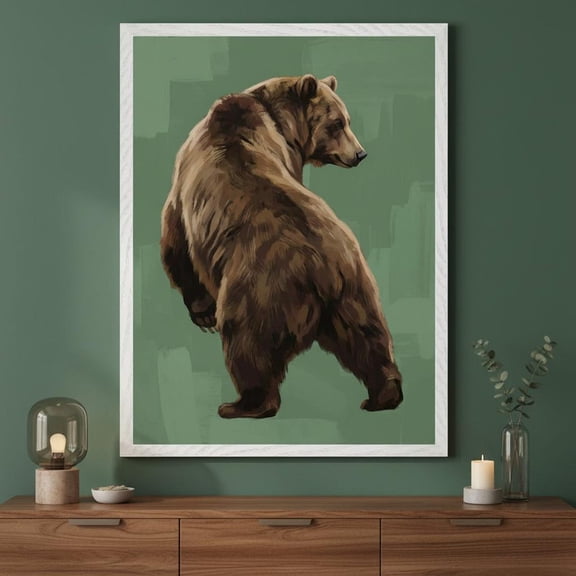 Brown Bear Forest Green Background Rustic Cabin Decor Grizzly Wall Art Print