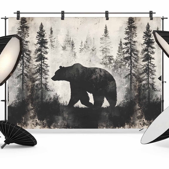 Brown Bear Forest Silhouette Backdrop for Photography, Vintage Animal Trees Photo Backdrop Portrait Background Party Banner Photo Backgrounds for Studio Booth Props, 7x5ft