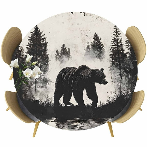 Brown Bear Forest Silhouette Round Fitted Table Cover Vintage Animal Tree Waterproof Table Cloth with Elastic Edge Wipeable Tablecloth for Picnic Camping Party Fits 45"-54" Diameter