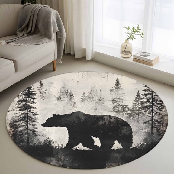 Brown Bear Forest Silhouette Round Rugs for Living Room 3ft Vintage Animal Trees Non Slip Circle Rug Washable Low-Profile Indoor Carpet for Bedroom, Dining Room, Bathroom