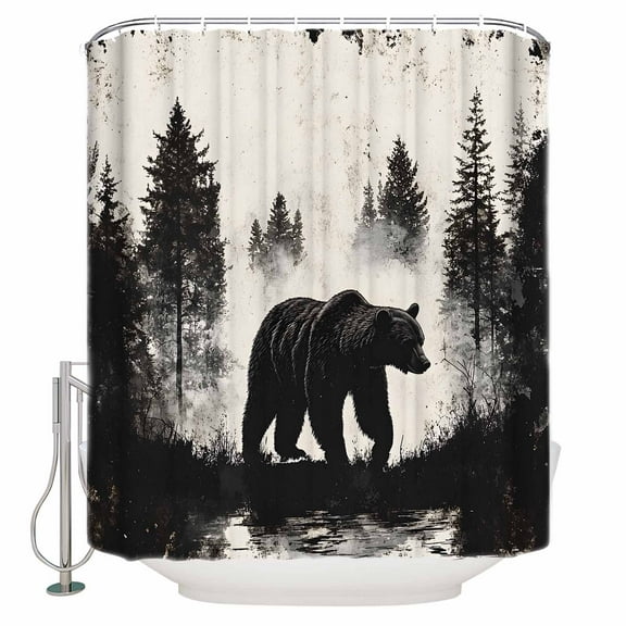 Brown Bear Forest Silhouette Shower Curtain, 66" x 72", Vintage Animal Tree Waterproof Bathroom Curtain Washable Shower Curtain Set with 12 Hooks