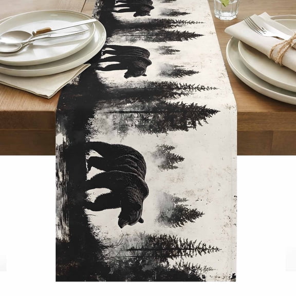 Brown Bear Forest Silhouette Table Runner 13 x 36 Inch, Vintage Animal Tree Washable Cotton Linen Dining Table Runner Tabletop Decorations for Restaurant Home Kitchen Party