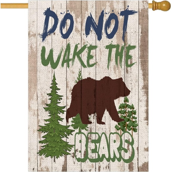 Brown Bear Forest Silhouettes House Flag 28x40 Inch Double Sided Vintage Wood with Do Not Wake the Bears Animals Trees Farmhouse Decorations Holiday Lawn Yard Large Garden Flags