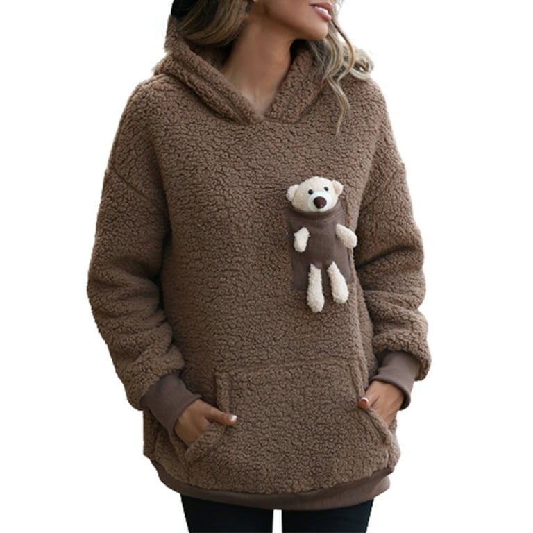 Brown Bear Hoodie for Women Warm Fuzzy Fleece Sherpa Sweatshirts