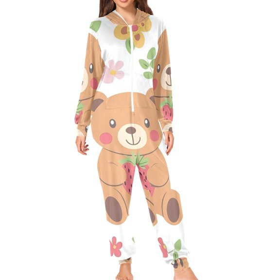 Brown Bear Hugs Strawberries Flowers Adult's Hoodie Onesie Jumpsuit One-Piece Pajamas with Zipper Unisex for Holiday M