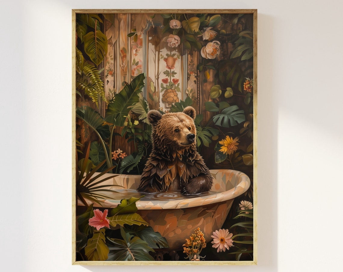 Brown Bear In Jungle Bathroom Art Print Bear On Rolltop Victorian Bath ...