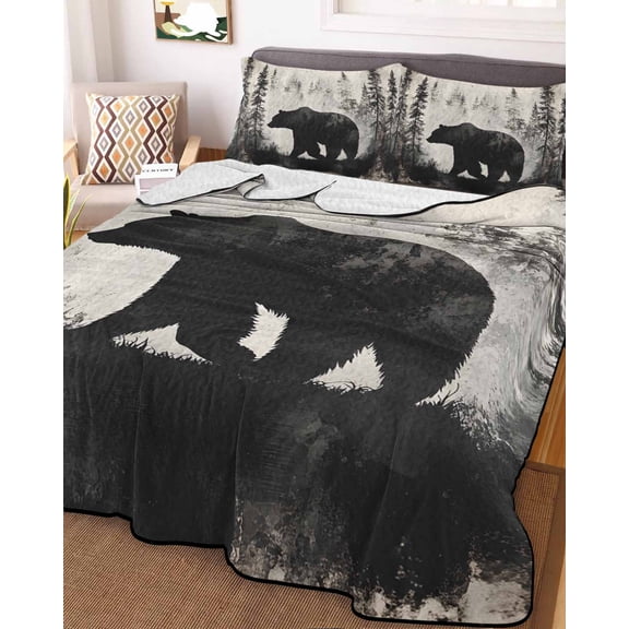 Brown Bear King Size Down Alternative Comforter, Lightweight Comforter Quilt Bedding Set with Pillow Shams Retro Forest Nature Tree Silhouette Mountain All Seasons Bed Comforter Duvet Insert 96"x106"