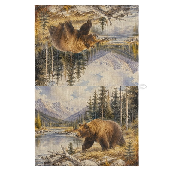 Brown Bear Kitchen Towels Dish Towel Pack of 1 Rustic Lake Green Shore Grass Pine Tree Wilderness Soft Dish Cloth Set Absorbent Dishcloth for Drying Dishes, Hand Towels 18 x 28 Inches