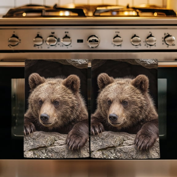 Brown Bear Kitchen Towels Set of 1, 3D Optical Illusion Wild Animals on Stones Absorbent Dish Towels for Kitchen, Microfiber Hand Towel, Quick Drying Tea Towel for Cleaning Decorative Dishcloths