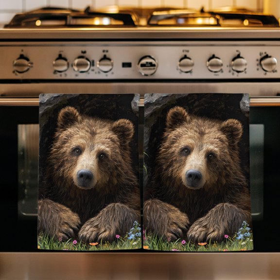 Brown Bear Kitchen Towels Set of 1, Cave Animals Wildflowers Rustic Absorbent Dish Towels for Kitchen, Microfiber Hand Towel, Quick Drying Tea Towel for Cleaning Decorative Dishcloths